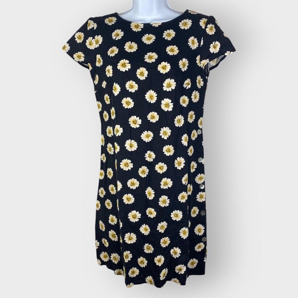 Talbots TShirt Dress | 6P | Short Sleeve | Black Floral Linen Blend | Beachy